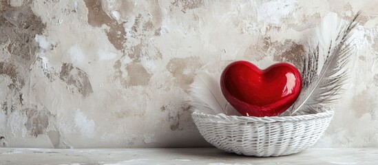 Poster - Red heart and white feathers in a wicker basket on textured background for romantic or decorative themes