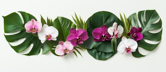 Poster - Tropical flat lay with orchids and green leaves on white background showcasing vibrant colors and ample space for text or design elements