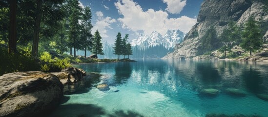 Poster - Scenic mountain landscape with lush forests and tranquil clear waters promoting tranquility and natural beauty