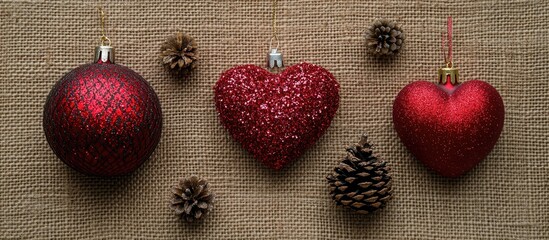 Poster - Red Christmas ornaments including cones and hearts on a textured canvas backdrop with glitter snowflakes creating a festive holiday scene