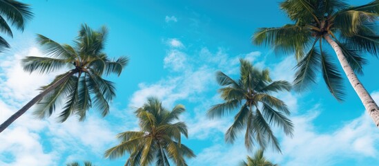 Poster - Summer palm trees silhouetted against a bright blue sky with fluffy white clouds creating a tropical paradise atmosphere.