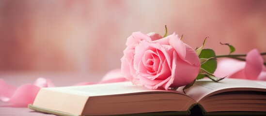 Aufkleber - Pink rose on an open book with a dreamy bokeh background creating a delicate and romantic atmosphere. Perfect for floral and literature themes.