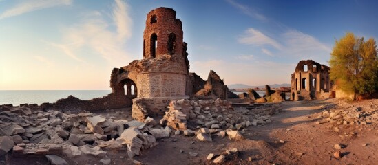 Poster - Ruins of an Ancient Church in Nessebar at Sunset with Scenic Seaside Landscape