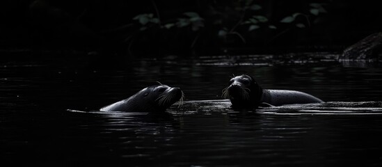 Aufkleber - Seals gracefully swimming in dark waters of a river creating a serene and mysterious atmosphere in nature photography