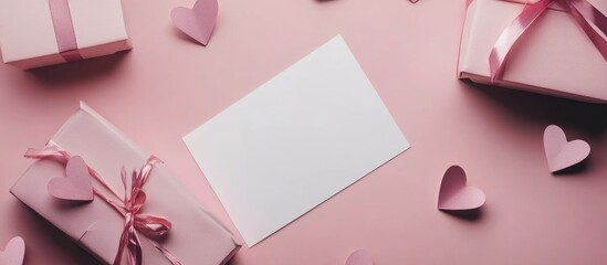 Poster - Flat lay of pink gift boxes and paper hearts with a blank card on pink background ideal for festive greeting card concepts
