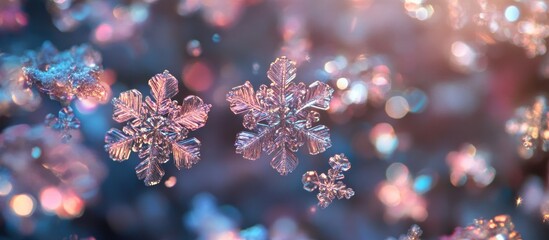 Poster - Delicate snowflakes glistening in soft light creating a winter wonderland atmosphere with a magical bokeh background