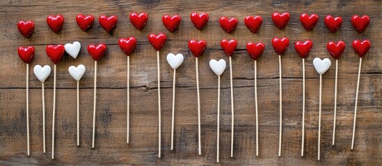 Poster - Red and white heart decorations on sticks arranged neatly on a rustic wooden surface with a romantic theme for love celebrations