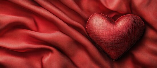 Poster - Red heart on luxurious red fabric backdrop Flat lay design for Love themed projects Mother s Day greetings and romantic celebrations background