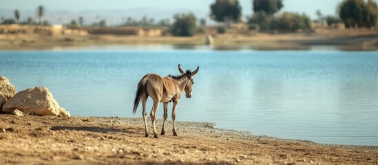 Poster - Playful donkey by serene water reservoir showcasing local wildlife and natural beauty in a tranquil landscape setting