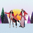 © master1305 - Joyful family ice skating on frozen lake with colorful sunset and stylized winter trees in background. Perfect winter holiday vibe. Contemporary art collage. Concept of winter holidays, activity, joy