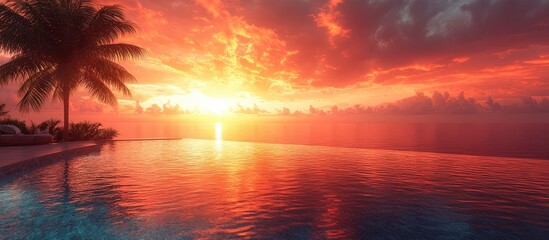 Poster - Sunrise reflection over a serene swimming pool with coconut palm tree against a dramatic orange red sky and tranquil sea view