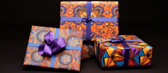 Aufkleber - Colorful gift boxes with intricate patterns and purple ribbons arranged on a dark background creating a festive and vibrant atmosphere