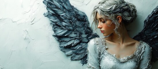 Poster - Serene angelic figure with silver wings posed against a textured white backdrop evoking grace and ethereal beauty in a soft light ambiance