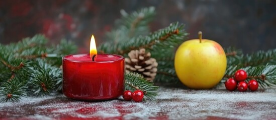 Aufkleber - New Year Candle Holder with Red Decorated Pine and Golden Apple on Rustic Background Holiday Celebration Concept