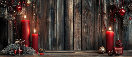 Aufkleber - Festive red candles with decorative accents arranged on a rustic wooden backdrop for a cozy holiday atmosphere