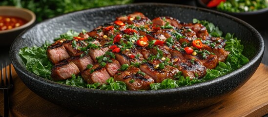 Poster - Grilled beef steak garnished with fresh herbs and sliced chili peppers served on a bed of lettuce with cutlery on a rustic wooden table