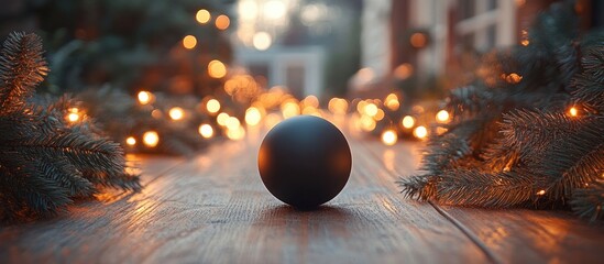 Aufkleber - Black decorative ball on wooden surface surrounded by glowing garland lights and evergreen branches creating a warm festive atmosphere