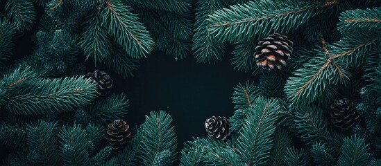 Poster - Spruce branches with green cones and pinecones creating a festive Christmas backdrop ideal for adding custom text or holiday messages