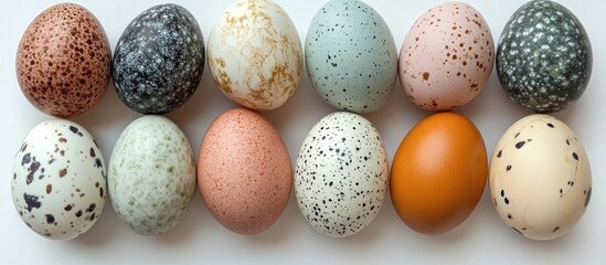 Aufkleber - Natural dyed eggs in various colors and patterns arranged in a flat lay on a white background showcasing artisanal Easter decor.