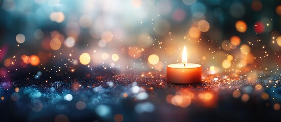 Poster - Candle flame glowing softly with shimmering bokeh fairy lights creating a warm and inviting atmosphere for holiday or celebration concepts