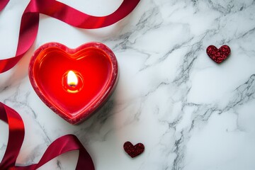 Wall Mural - Heart-shaped candle on marble surface with red ribbon and glitter hearts