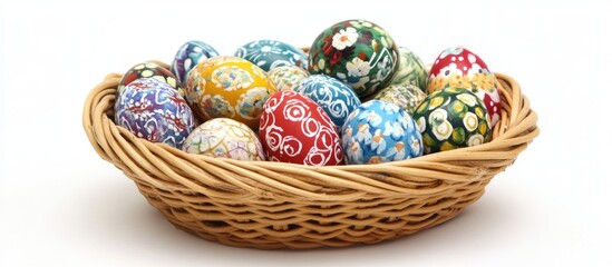 Wall Mural - Colorful handmade Easter eggs in a wicker basket isolated on a bright background showcasing intricate floral designs and vibrant colors