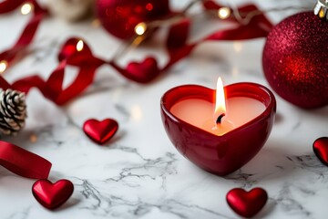 Wall Mural - Heart-shaped candle with christmas ornaments on marble surface