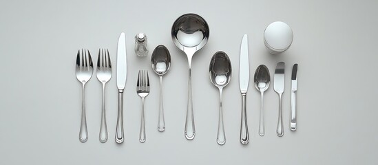 Poster - Elegant table setting arrangement showcasing various silver cutlery and dining utensils on a neutral background for sophisticated dining occasions.