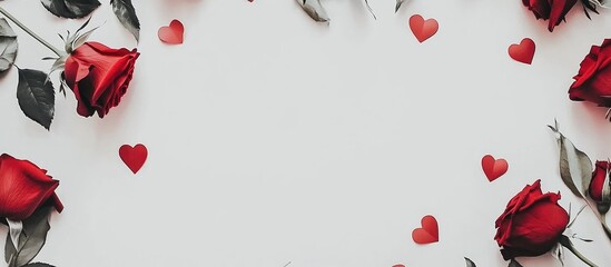 Poster - Red roses framed by paper hearts on a white background creating a romantic and elegant atmosphere perfect for love-themed designs