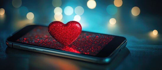 Poster - Red glitter heart on smartphone screen showcasing creative love concept with bokeh lights in background and vibrant colors for romantic themes