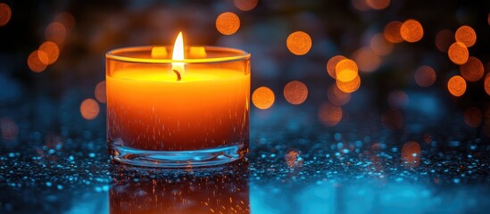 Poster - Glowing candle in glass holder with warm light and sparkly bokeh backdrop creating a serene and inviting atmosphere for relaxation and meditation