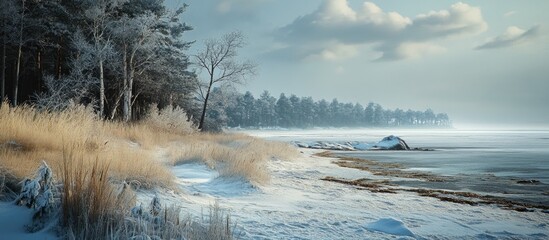Poster - Winter landscape with frosted trees and serene beach shoreline under a cloudy sky showcasing tranquil snow-covered nature scenes