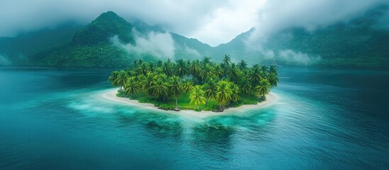 Poster - Tropical island with lush coconut palm trees surrounded by stormy clouds and turquoise waters ideal for adventure and travel inspiration
