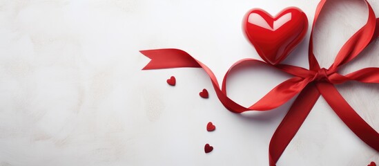 Poster - Red heart and ribbon on textured white background symbolizing love and affection for romantic occasions and celebrations