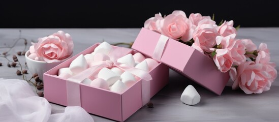 Poster - Handcrafted pink marshmallows in a pink box with flowers on a gray background Perfect gift idea for special occasions or holidays