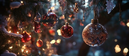 Poster - Christmas ornaments and decorations shimmering on a beautifully adorned tree creating a magical festive atmosphere in winter lighting