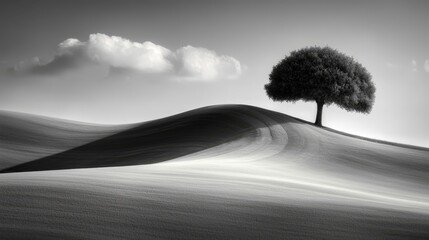 Poster -  a lone tree standing atop a sand dune, with a sky full of clouds in the background The image is in black and white, giving it a timeless and classic feel