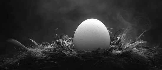 Poster - Elegant monochrome composition of a white egg surrounded by soft black feathers creating an atmospheric and serene backdrop in close-up.