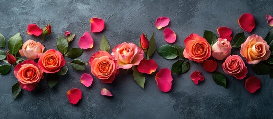 Poster - Elegant arrangement of red and pink roses with petals on a textured gray background for floral design and decoration concepts.