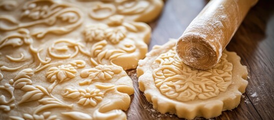 Poster - Decorative stamped cookie dough rolled out with a pin showcasing intricate floral patterns on a wooden surface