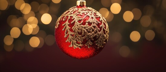 Poster - Red and gold glitter Christmas ornament hanging on tree with festive bokeh lights creating a warm seasonal atmosphere