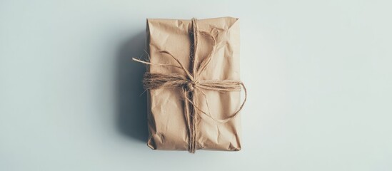 Poster - Gift wrapped in brown paper and twine displayed on a clean white background for holiday or seasonal marketing and promotional purposes