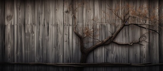 Poster - Weathered wooden boards with a tree branch creating a natural contrast against a rustic background in a serene setting.
