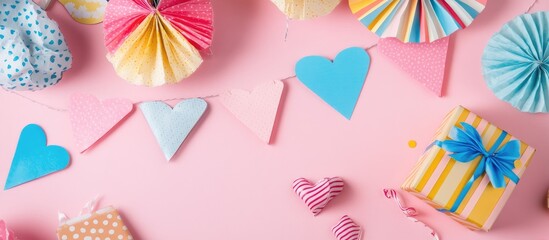 Leinwandbilder - Colorful paper hearts and festive decorations with a gift box on a pink backdrop for celebration and party themed concepts
