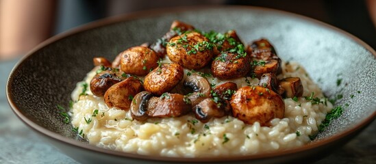 Poster - Delicious risotto rice with sautÃ©ed mushrooms garnished with herbs in an elegant bowl close-up photography shot.