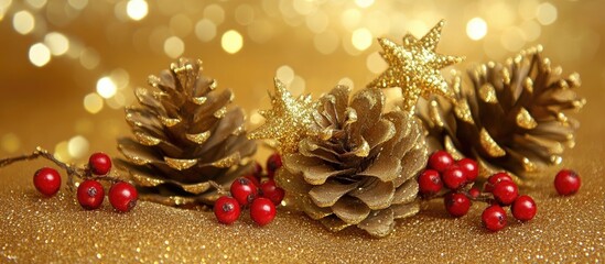 Poster - Golden pine cones red berries and stars on shimmering backdrop creating a festive atmosphere with ample space for holiday text decoration