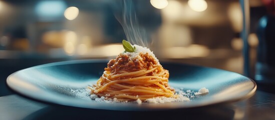 Fototapete - Spaghetti Bolognese served on a black plate with steam and cheese in a cozy restaurant setting