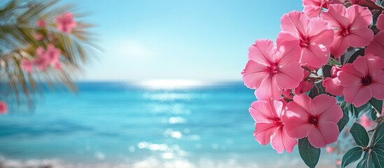 Poster - Pink oleander flowers in front of a serene blue sea and sky creating a tranquil landscape ideal for nature and vacation themes