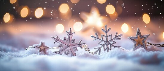 Poster - Winter wonderland with shimmering snowflakes and twinkling stars against a softly blurred bokeh light background
