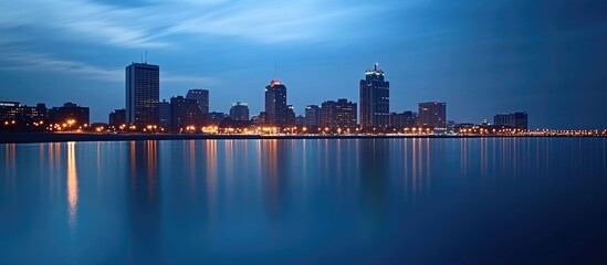 Poster - Serene city skyline at dusk with reflections on the water and illuminated buildings creating a tranquil urban atmosphere